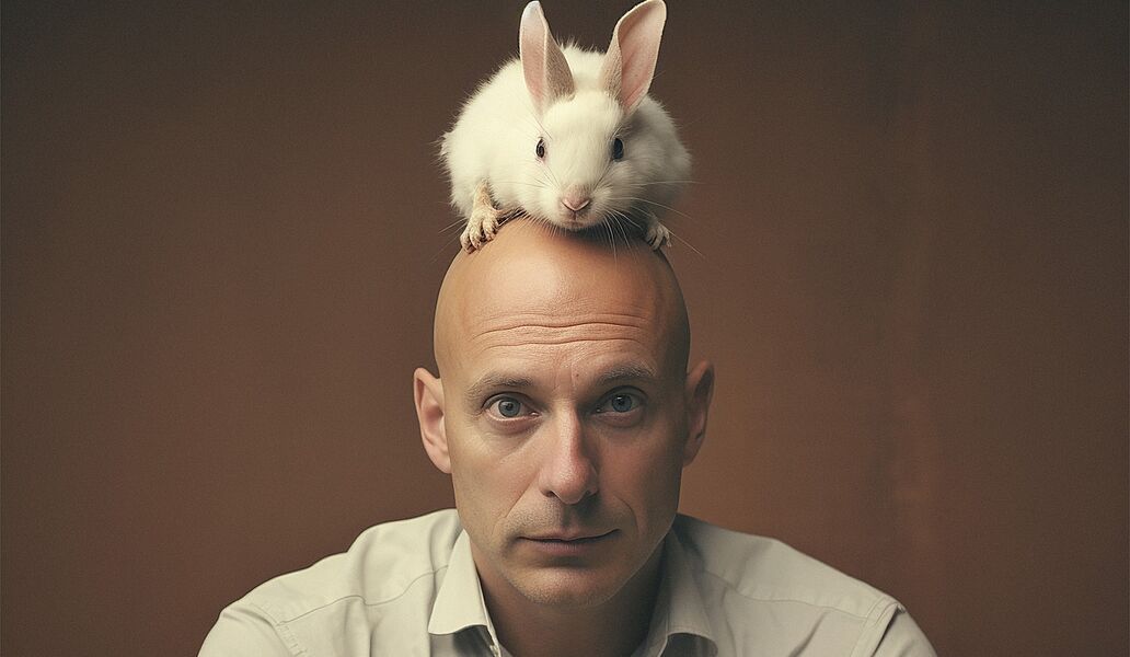 Weißer Hase auf kahlem Kopf: Symbol für unerwartete Beziehungsmuster im Business